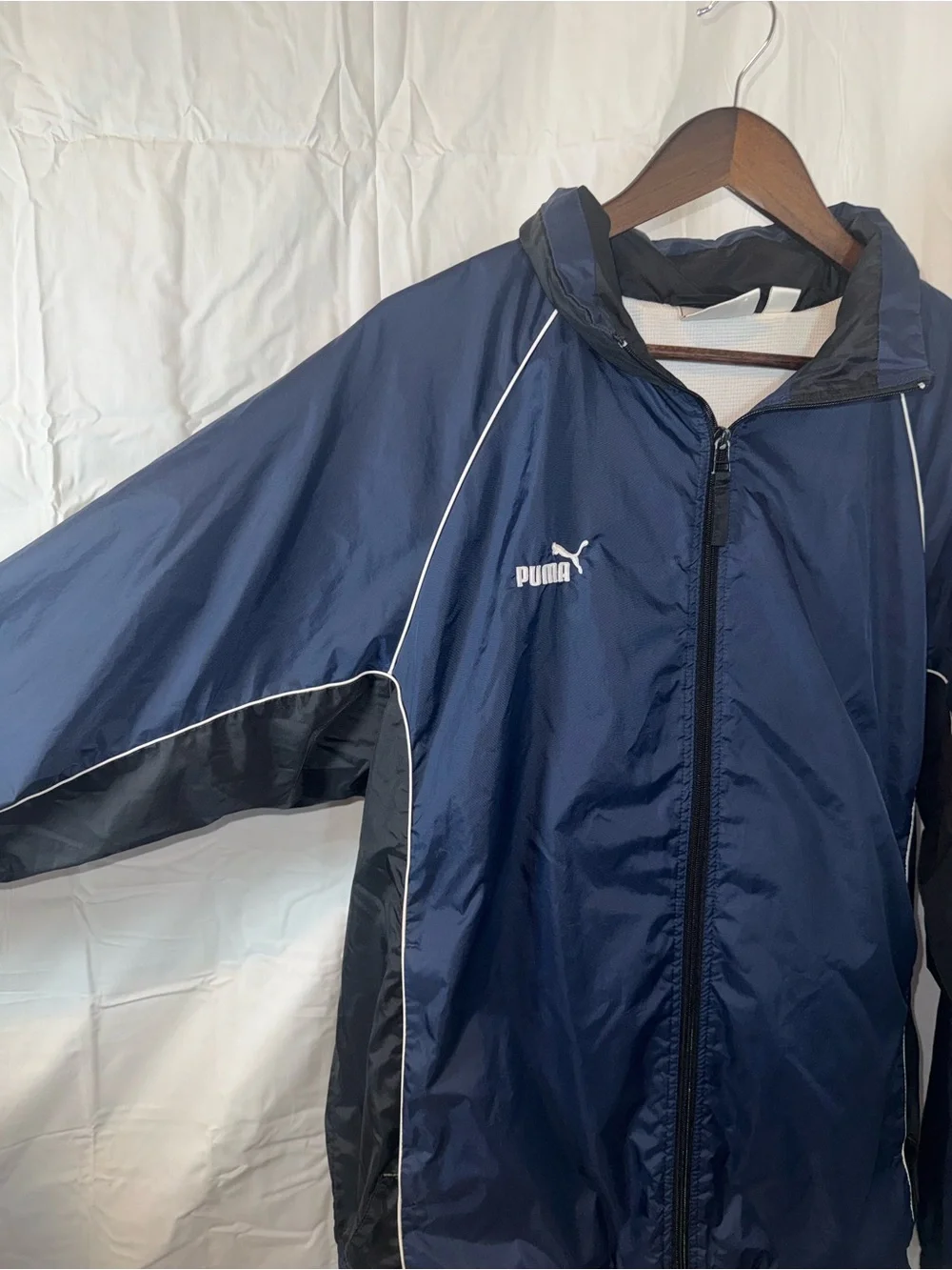 Puma Navy and Black Hooded Windbreaker with White Piping